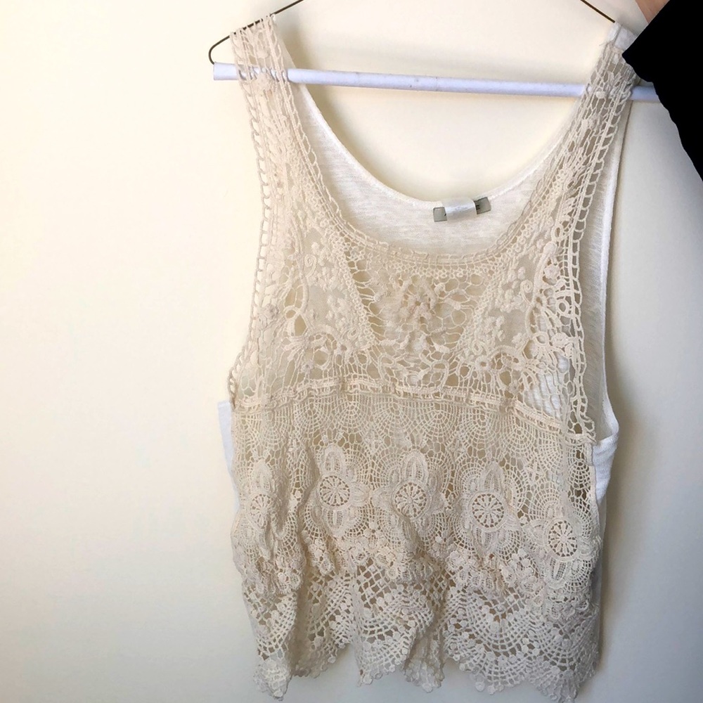Crocheted front top with solid back, cream colored